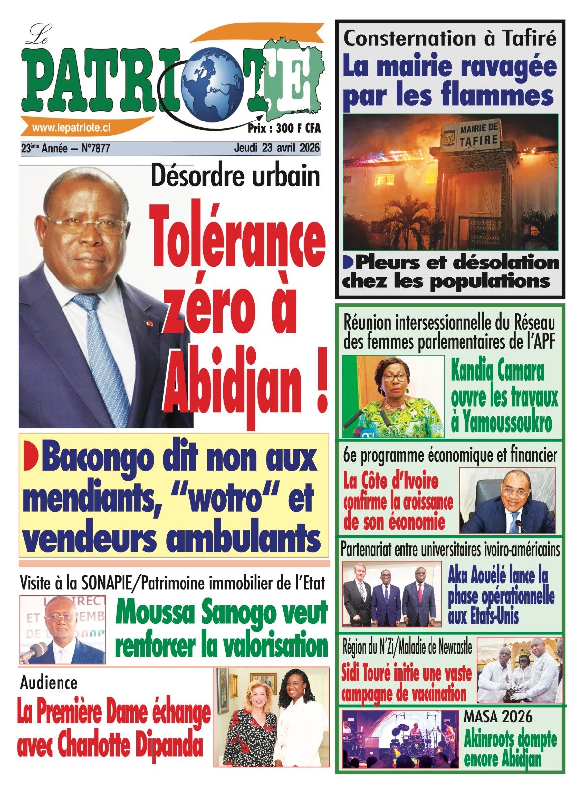Le Patriote n°7877 du Jeudi 23 Avril 2026 -Désordre urbain : Tolérance zéro à Abidjan !