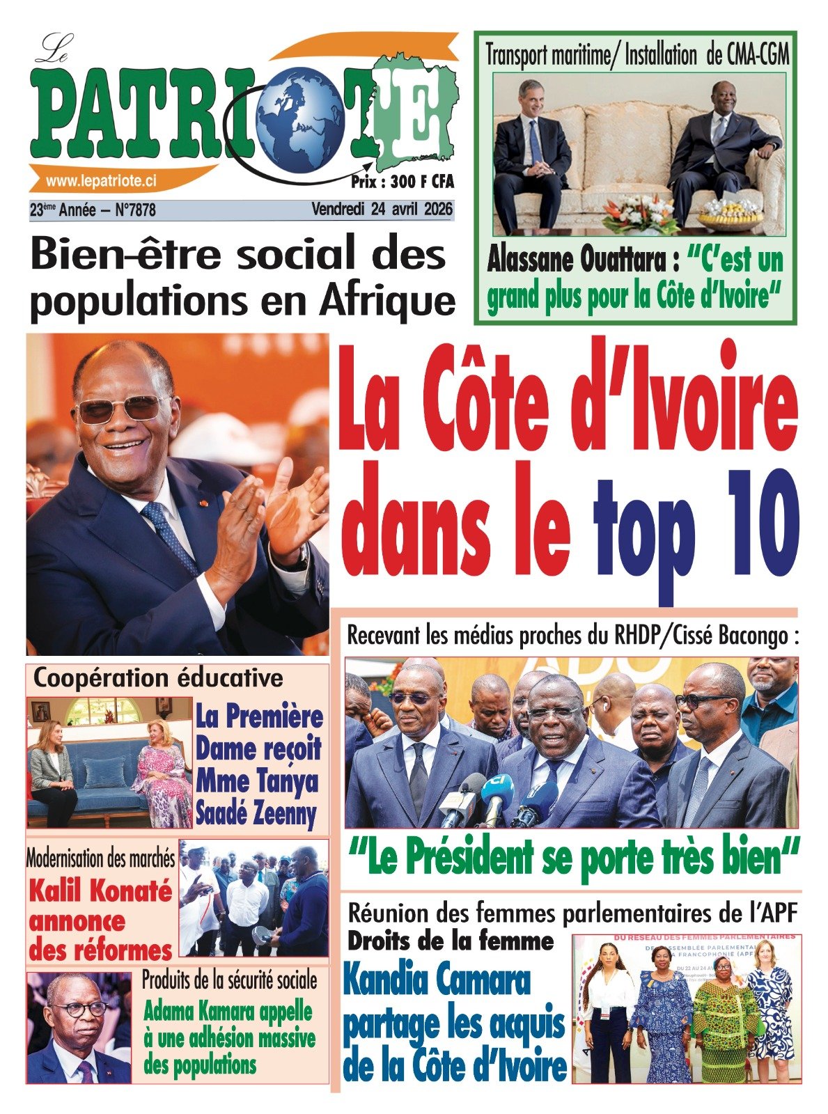 Le Patriote n°7878 du Vendredi 24 Avril 2026 - Bien-être social des  populations en Afrique : La Côte d’Ivoire dans le top 10