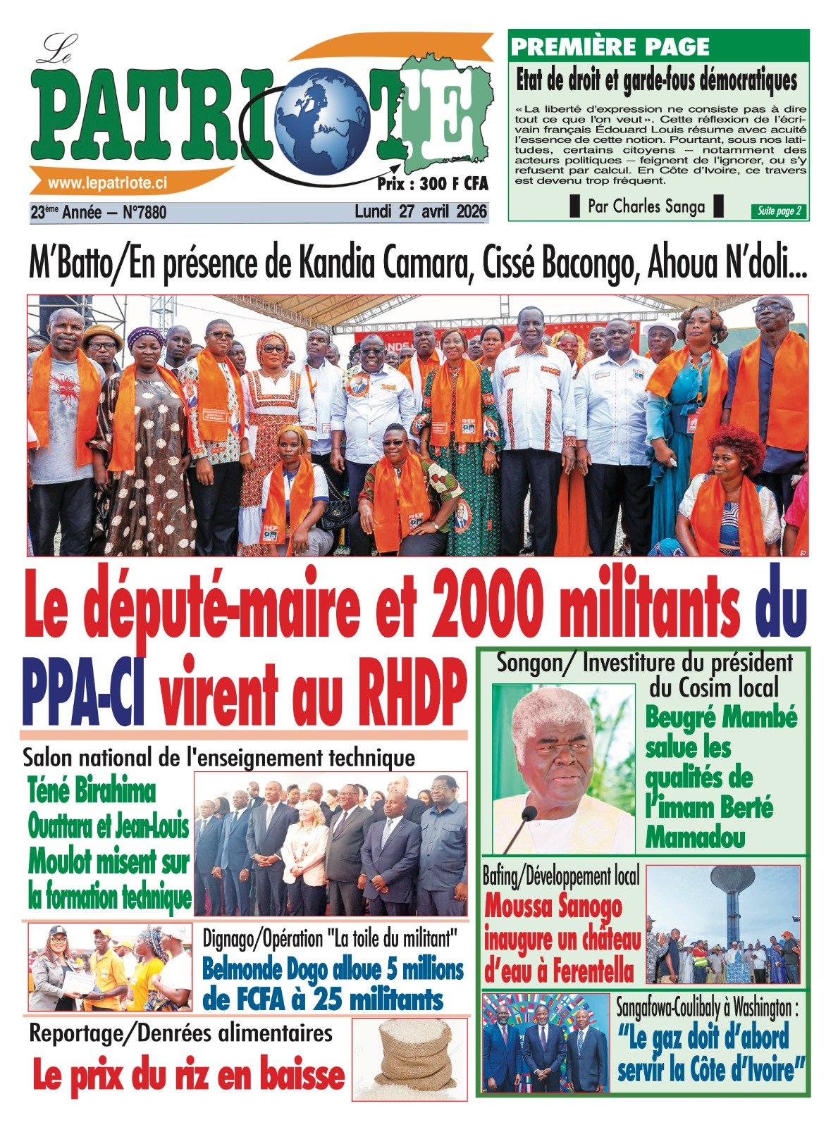 Le Patriote n°7880 du Lundi 27 Avril 2026 - En présence de Kandia Camara, Cissé Bacongo, Ahoua N’Doli... : Le député-maire de M'Batto et 2000 militants du PPA-CI virent au RHDP !