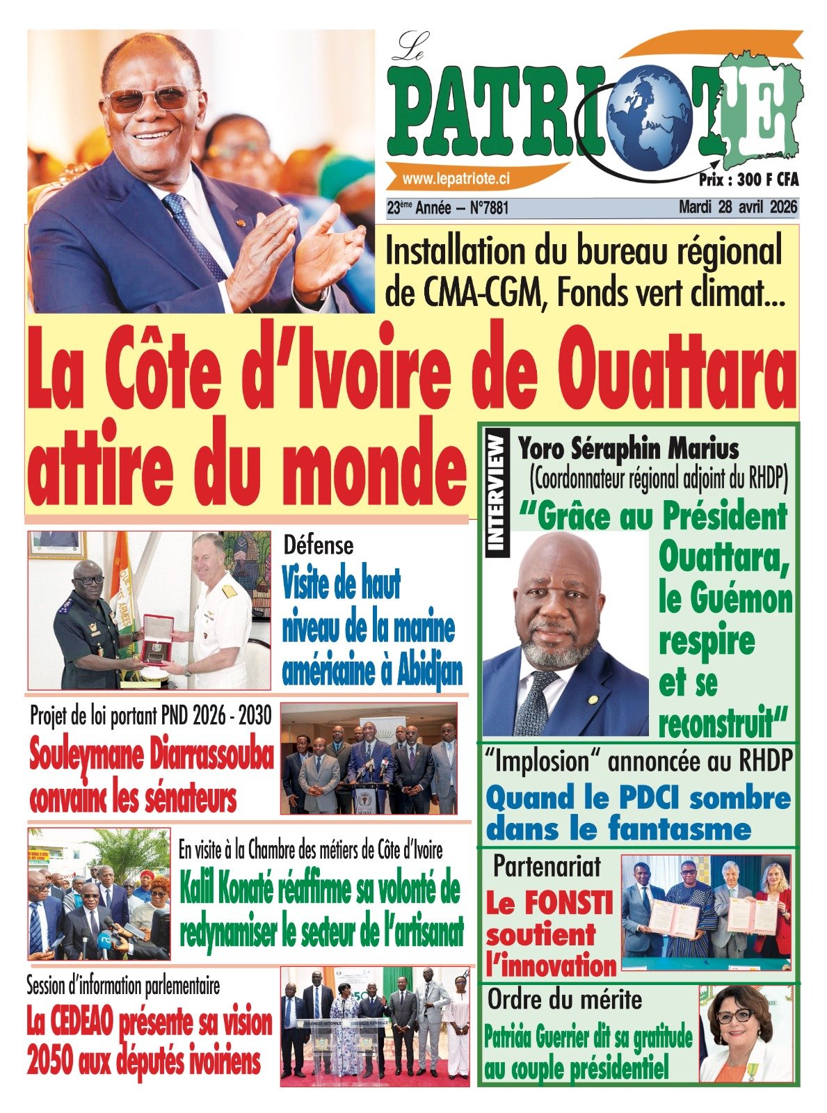 Le Patriote n°7881 du Mardi 28 Avril 2026 - Installation du bureau régional de CMA-CGM, Fonds vert climat...: La Côte d’Ivoire de Ouattara attire du monde