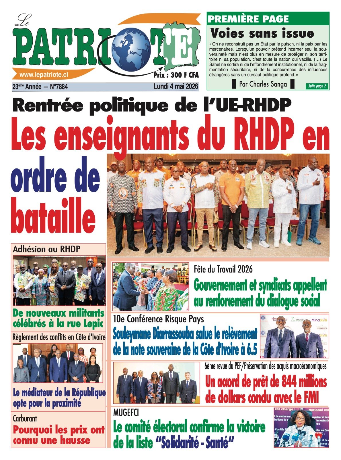Le Patriote n°7884 du Lundi 04 Mai 2026- Rentrée politique de l’UE-RHDP : Les enseignants du RHDP en ordre de bataille !