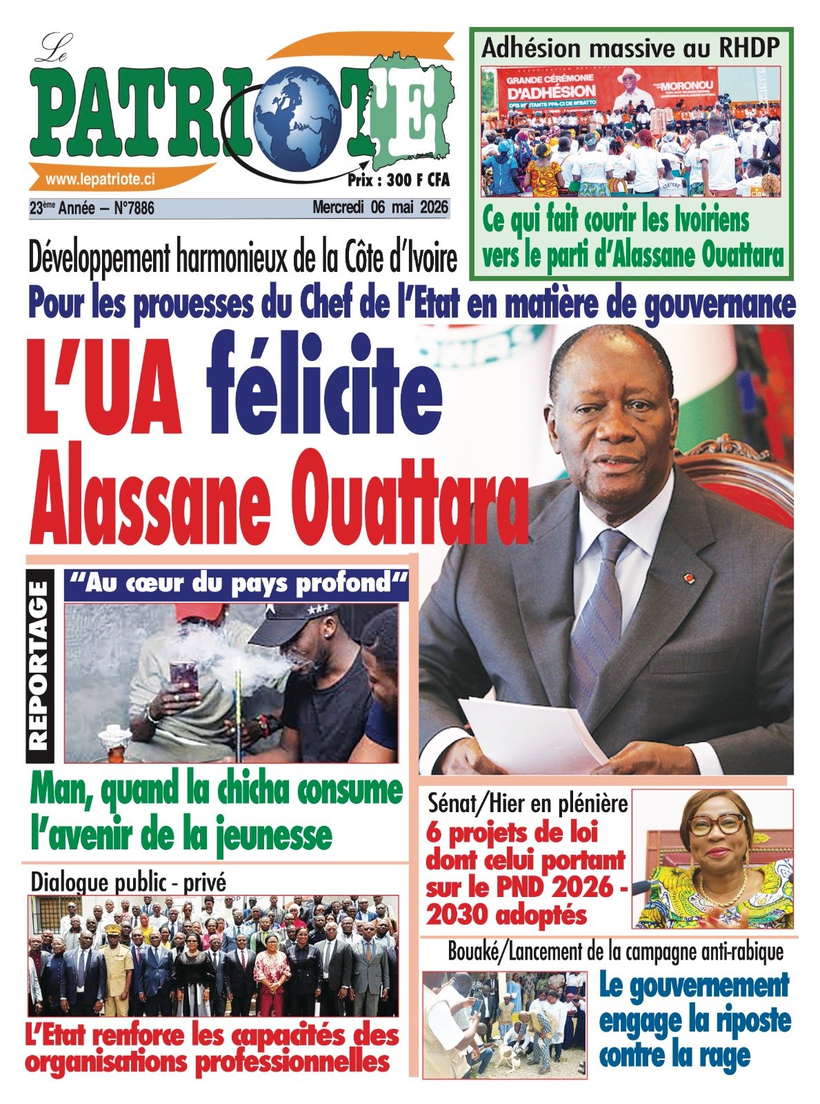 Le Patriote n°7886 du Mercredi 06 Mai 2026 - Développement harmonieux de la Côte d’Ivoire : L’UA félicite Alassane Ouattara pour les prouesses du Chef de l’Etat en matière de gouvernance !