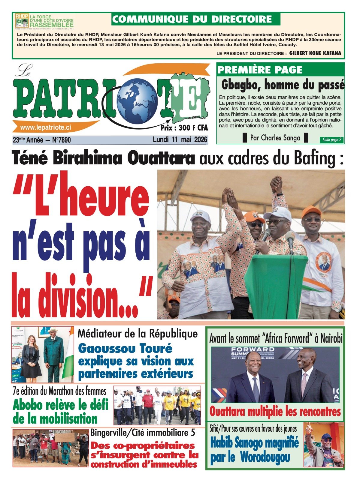 Le Patriote n°7890 du Lundi 11 Mai 2026 - Téné Birahima Ouattara aux cadres du Bafing : "L’heure n’est pas à la division..."