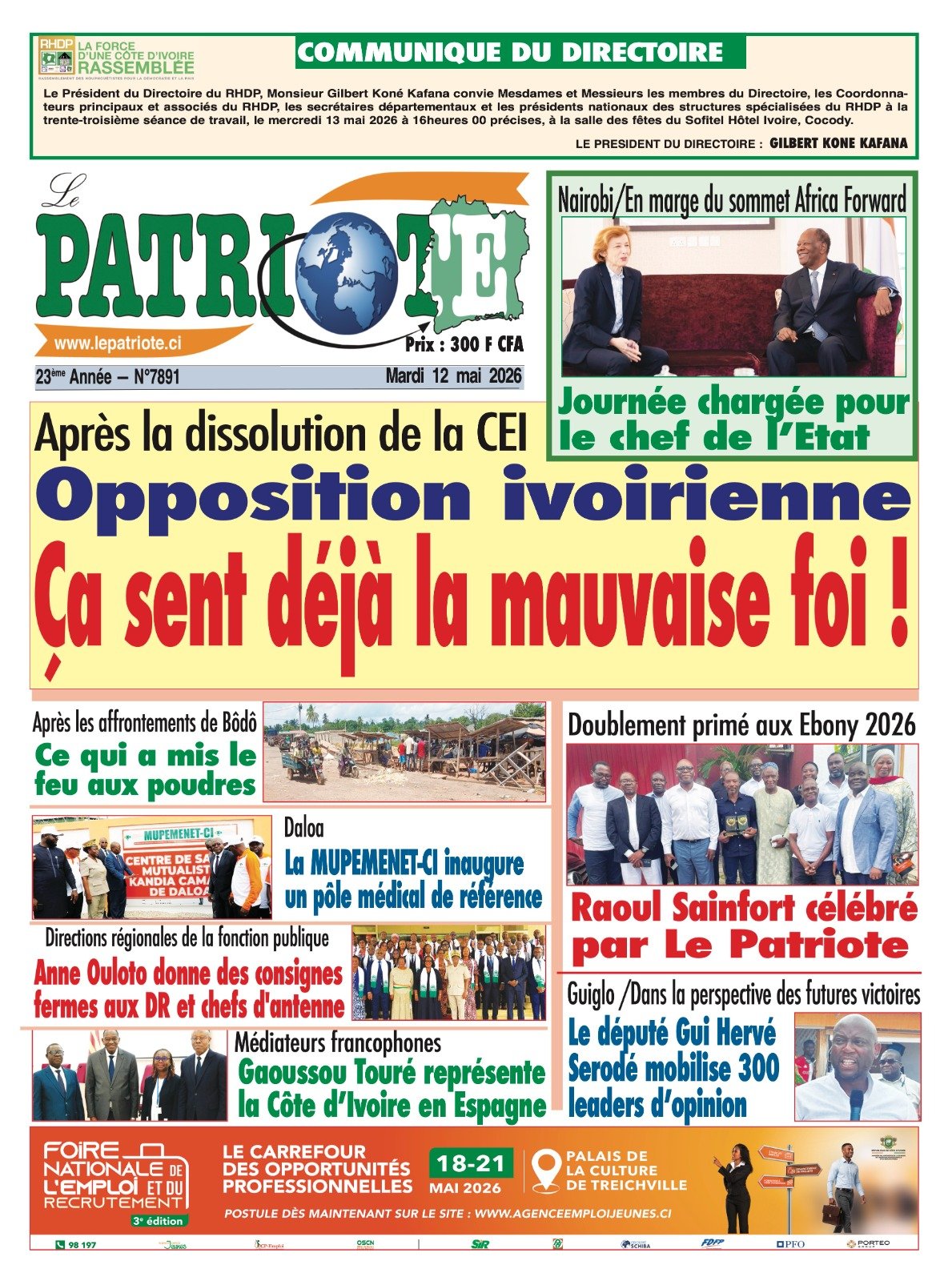 Le Patriote n°7891 du Mardi 12 Mai 2026 - Après la dissolution de la CEI : Opposition ivoirienne:  Ça sent déjà la mauvaise foi !