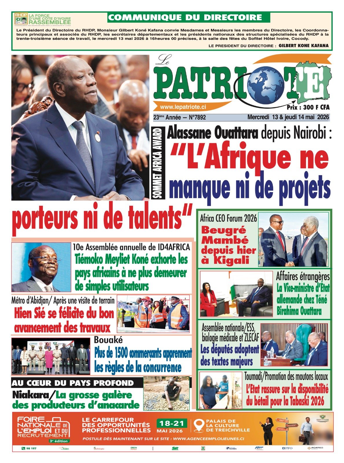 Le Patriote n°7892 du Mercredi 13 Mai 2026 : Sommet Africa Awards à Nairobi :  Alassane Ouattara : "L'Afrique ne manque ni de projets porteurs ni de talents"