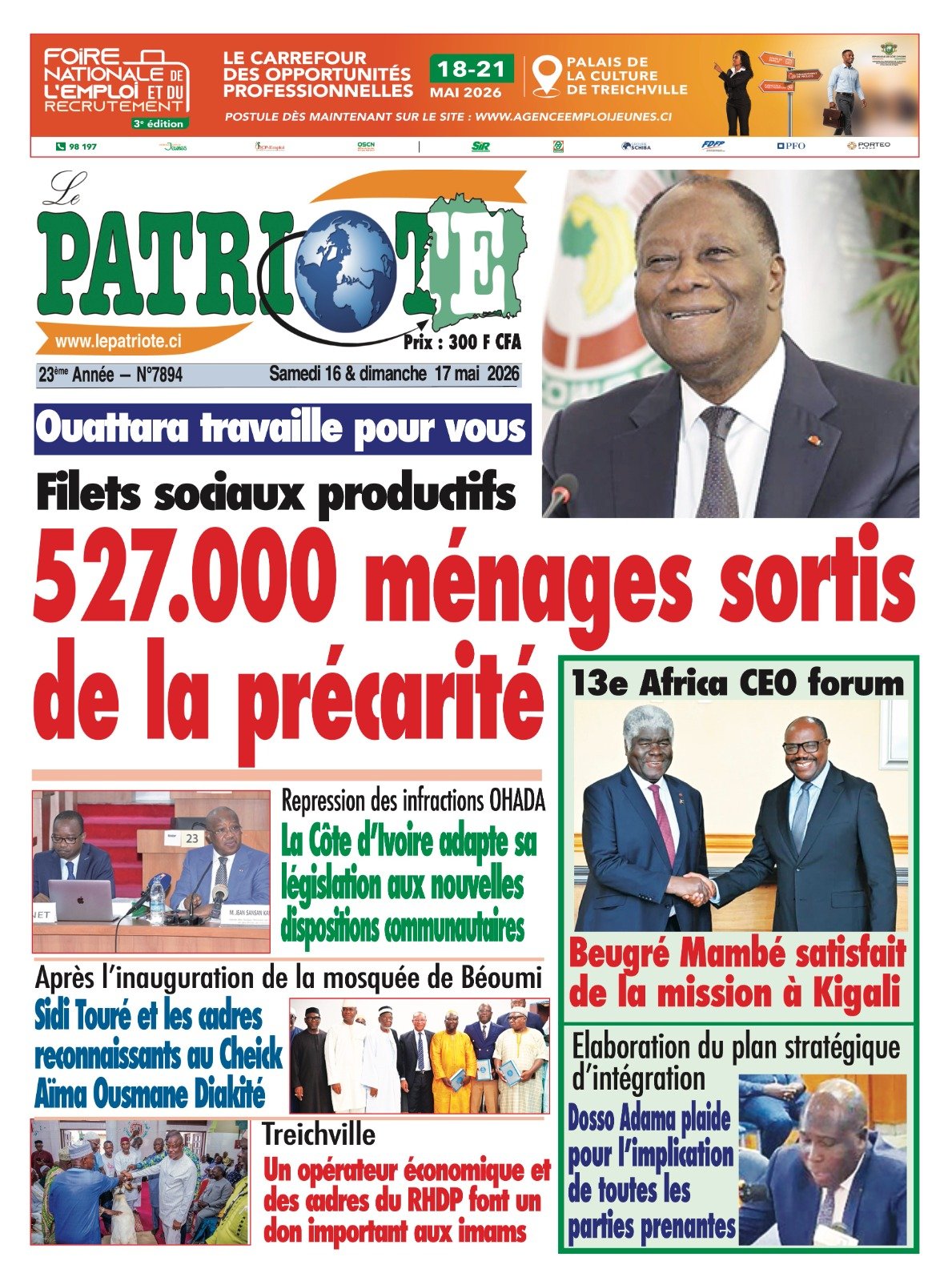 Le Patriote n°7894 du Samedi 16 Mai 2026 - Filets sociaux productifs : 527 000 ménages sortis de la précarité