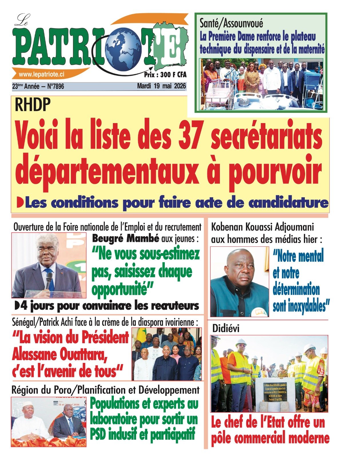 Le Patriote n°7896 du Mardi 19 Mai 2026 - RHDP : Voici la liste des 37 secrétariats départementaux à pourvoir
