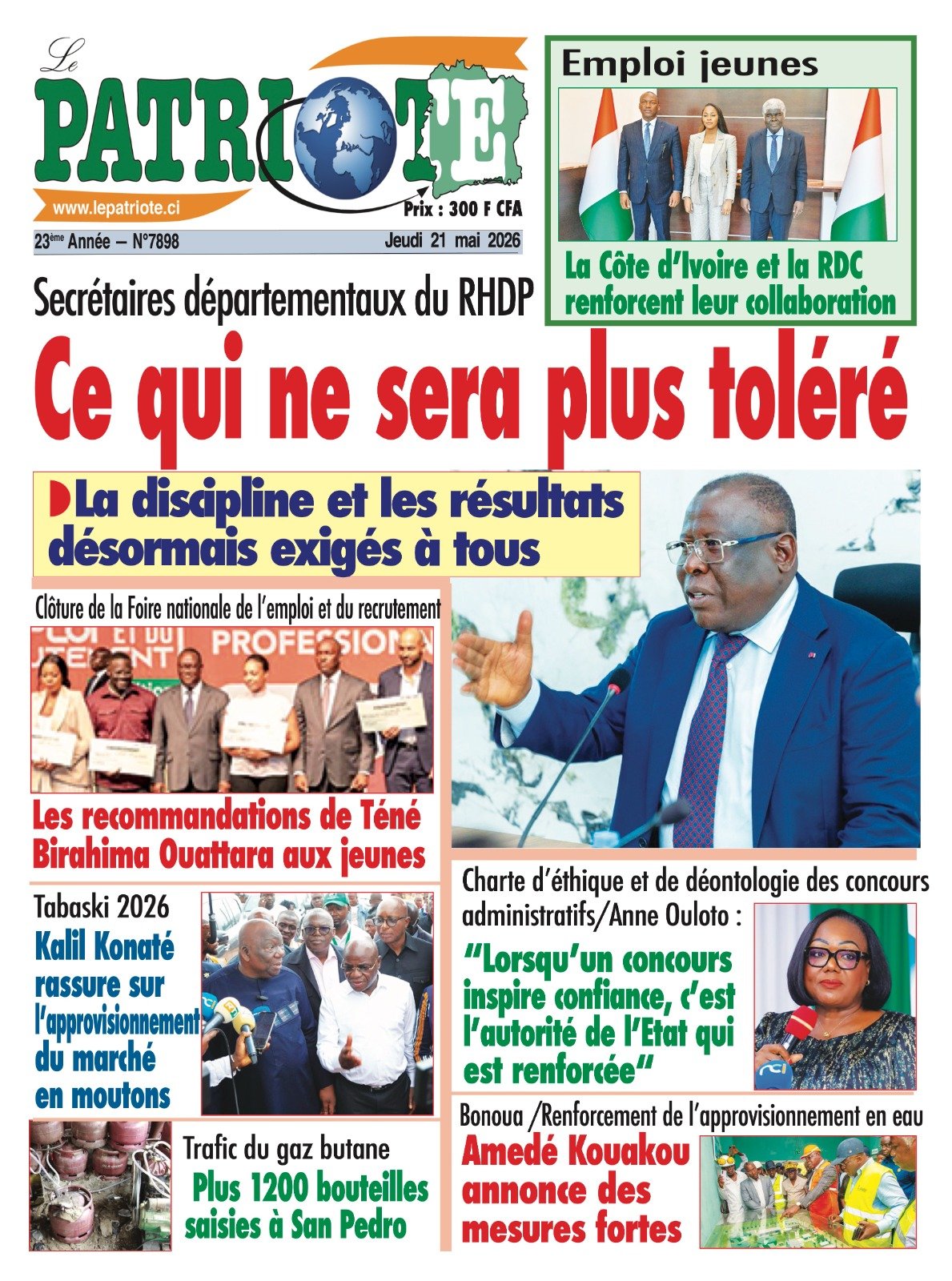 Le Patriote n°7897 du Jeudi 21 Mai 2026 - Secrétaires départementaux du RHDP : Ce qui ne sera plus toléré