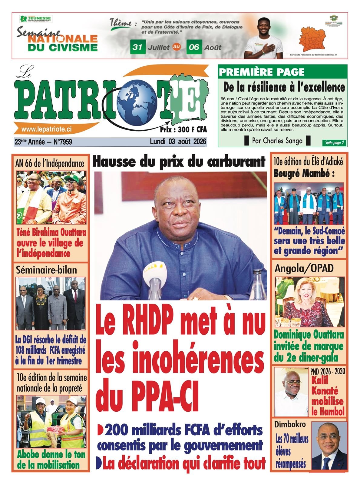Le Patriote n°7959 du Lundi 03 Août 2026 - Hausse du prix du carburant :