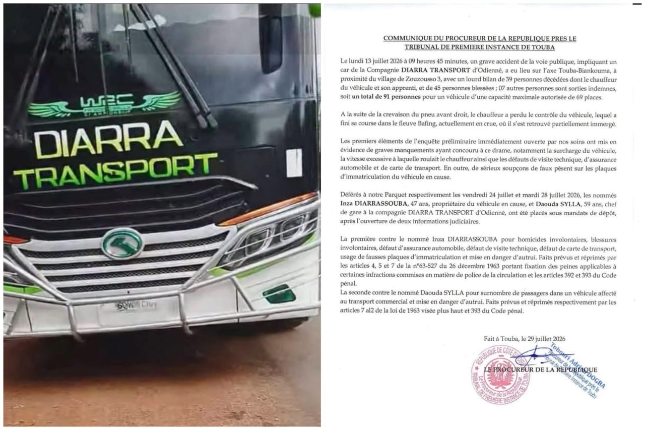 Accident tragique axe Touba –Biankouma : Le propriétaire de Diarra Transport et son chef de gare mis sous mandat de dépôt