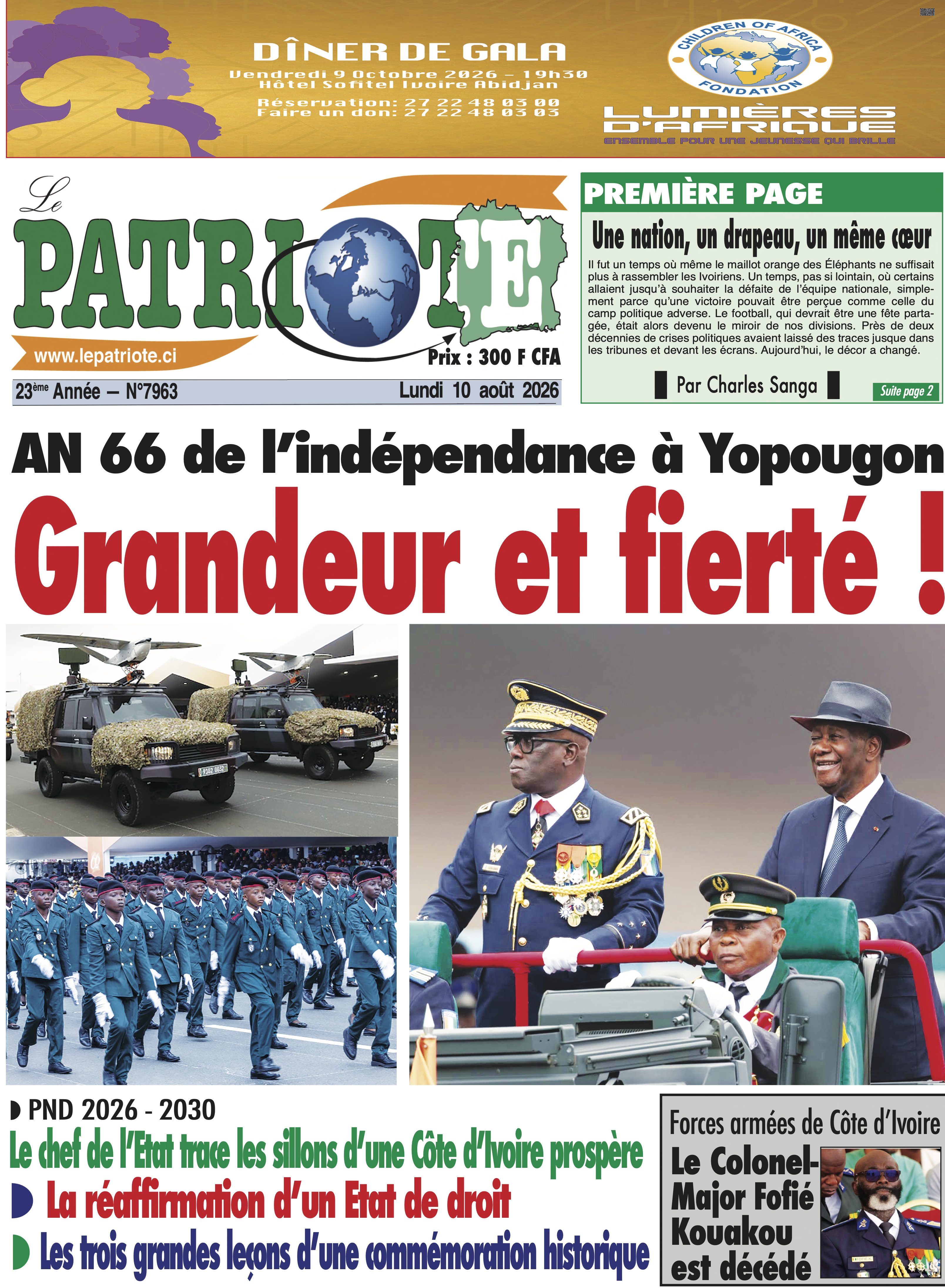 Le Patriote n°7963 du Lundi 10 Août 2026 - AN 66 de l’indépendance à Yopougon :