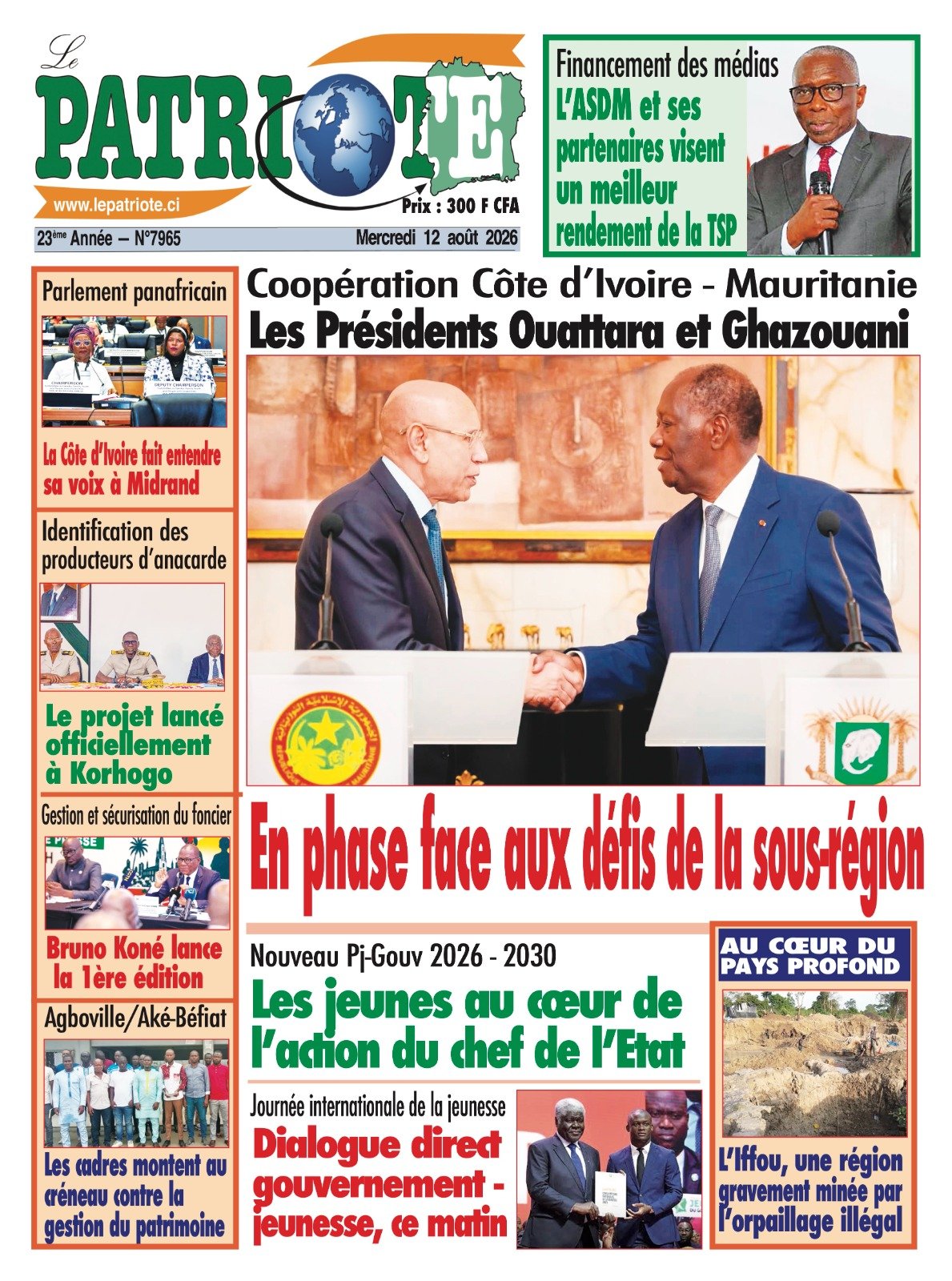Le Patriote n°7965 du Mercredi 12 Août 2026 - Coopération-Côte d’Ivoire : Les Présidents Ouattara et Ghazouani en phase face aux défis de la sous-région !