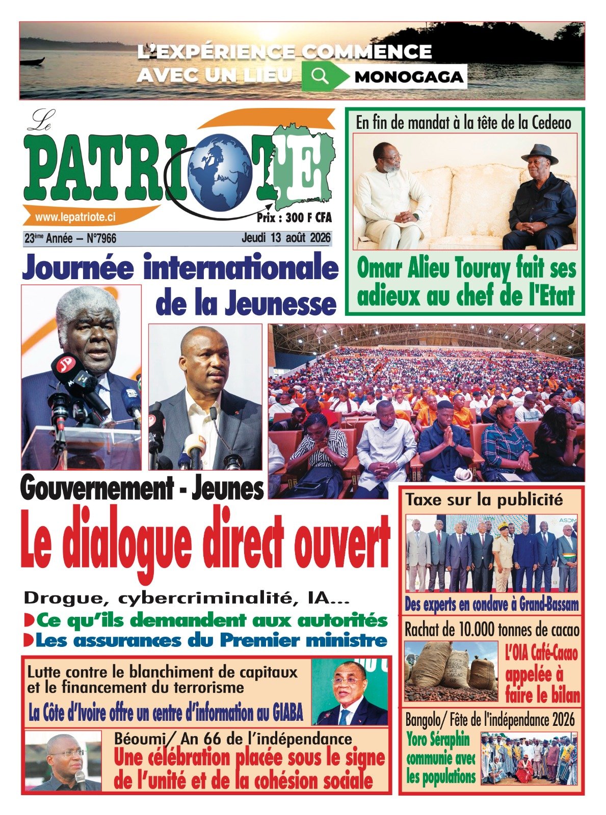 Le Patriote n°7966 du Jeudi 13 Août 2026 - Journée internationale  de la Jeunesse : Gouvernement-Jeunes, le dialogue direct ouvert !