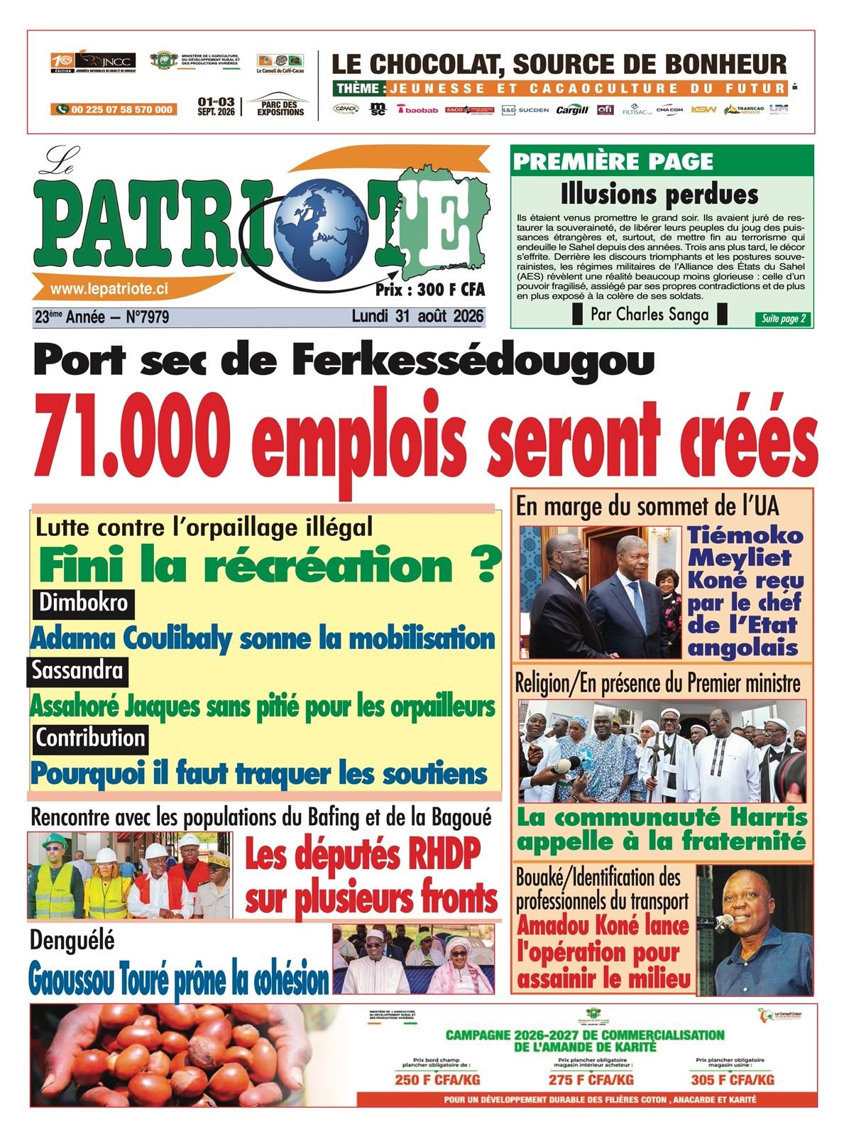 Le Patriote n°7979 du Lundi 31 Août 2026 - Port sec de Ferkessédougou : 71 000 emplois seront créés