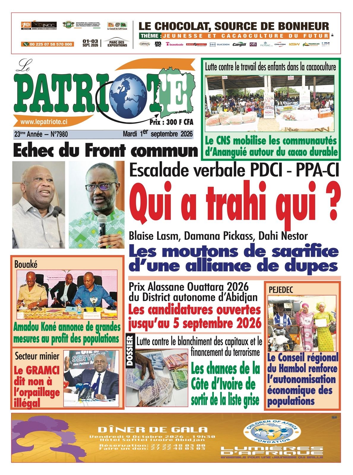 Le Patriote n°7980 du Mardi 01 Septembre 2026 - Escalade verbale PDCI - PPA-CI : Qui a trahi qui ?