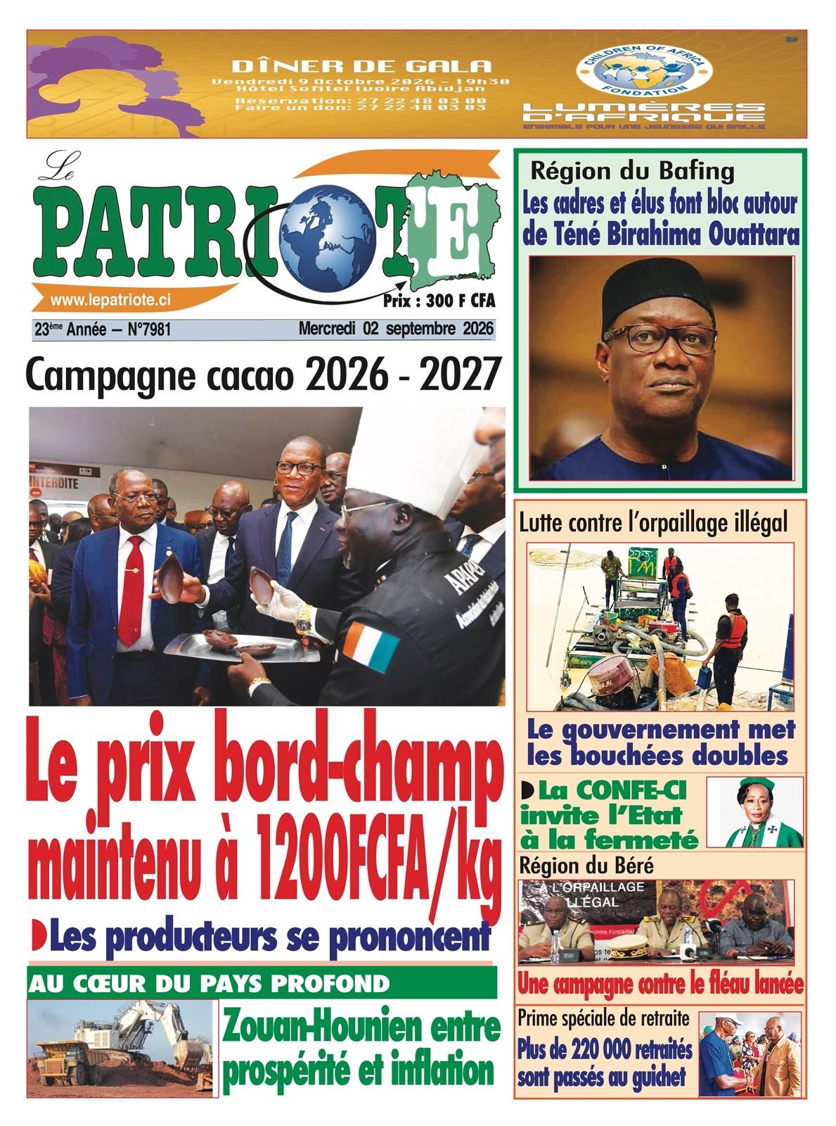 Le Patriote n°7981 du Mercredi 02 Septembre 2026 - Campagne cacao 2026 - 2027 : Le prix bord-champ maintenu à 1200FCFA/kg !
