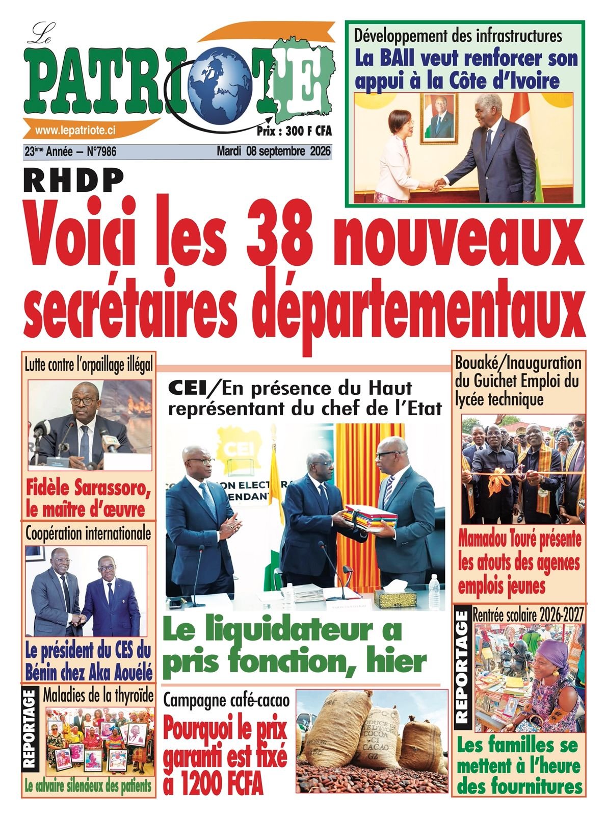 Le Patriote n°7986 du Mardi 08 Septembre 2026 - RHDP : Voici les 38 nouveaux secrétaires départementaux