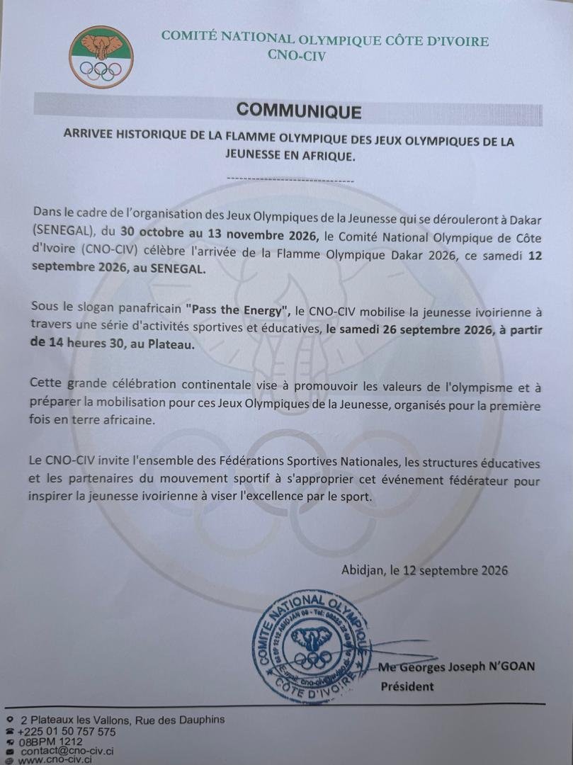 JOJ Dakar 2026 : Le Comité national olympique de Côte d’Ivoire  célèbre l’arrivée de la flamme olympique au Sénégal par une démonstration de skateboard