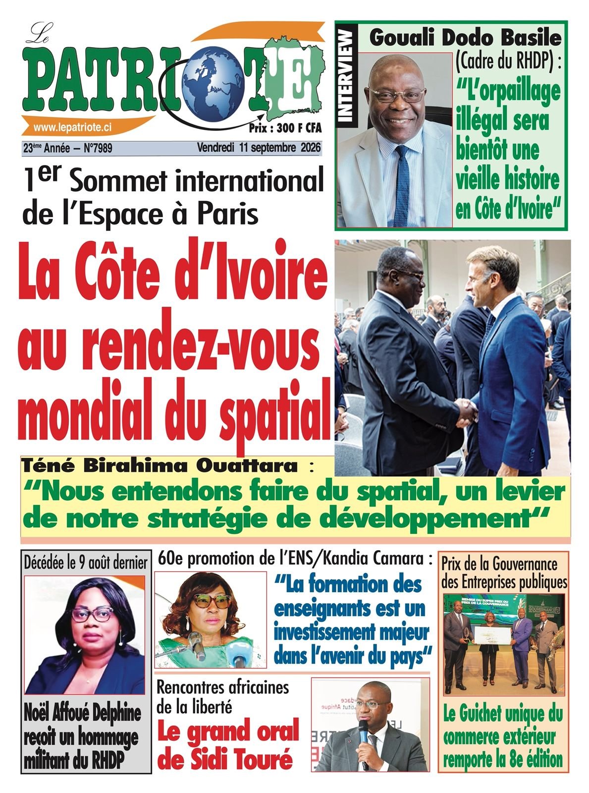 Le Patriote n°7989 du Vendredi 11 Septembre 2026 - 1er Sommet international de l’Espace à Paris : La Côte d’Ivoire  au rendez-vous mondial du spatial