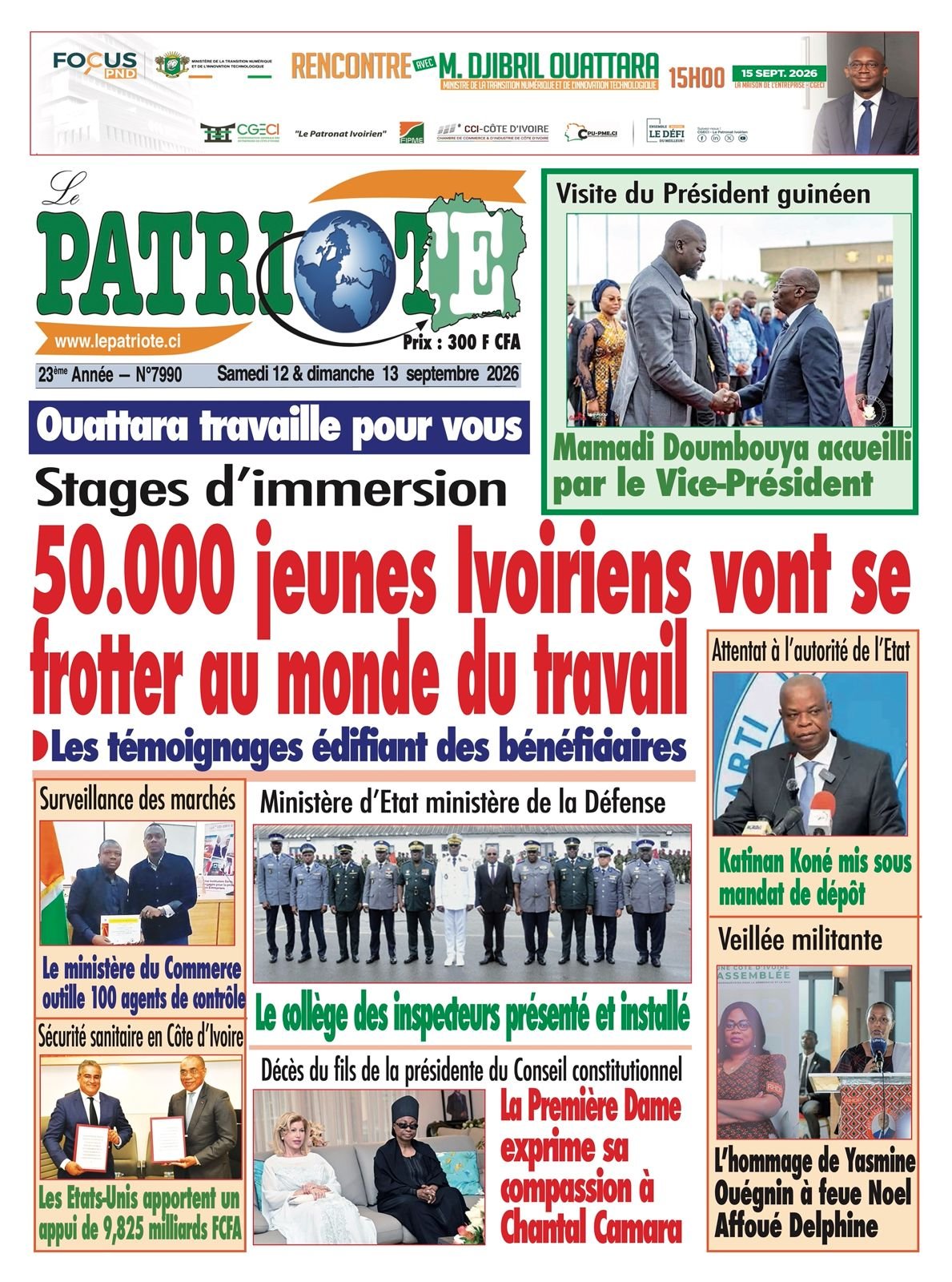 Le Patriote n°7990 du Samedi 12 Septembre 2026 - Stages d’immersion : 50 000 jeunes Ivoiriens vont se frotter au monde du travail