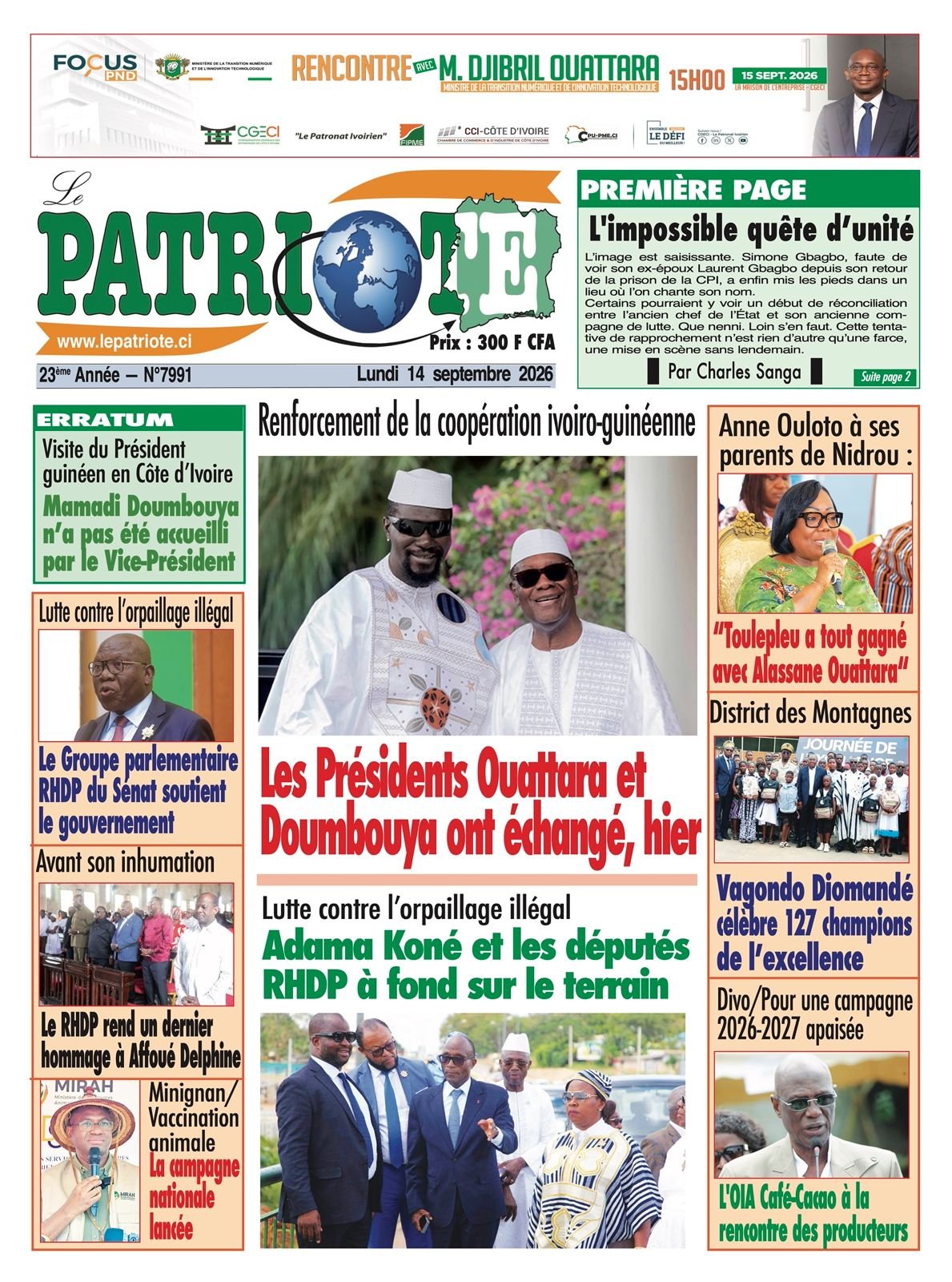 Le Patriote n°7991 du Lundi 14 Septembre 2026 - Renforcement de la coopération ivoiro-guinéenne :