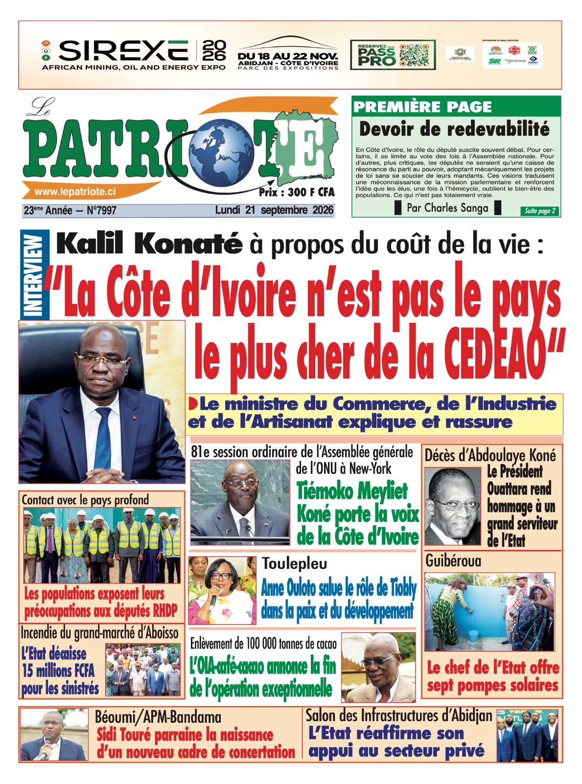 Le Patriote n°7997 du Lundi 21 Septembre 2026 - Interview - Kalil Konaté à propos du coût de la vie : "La Côte d’Ivoire n’est pas le pays le plus cher de la CEDEAO"