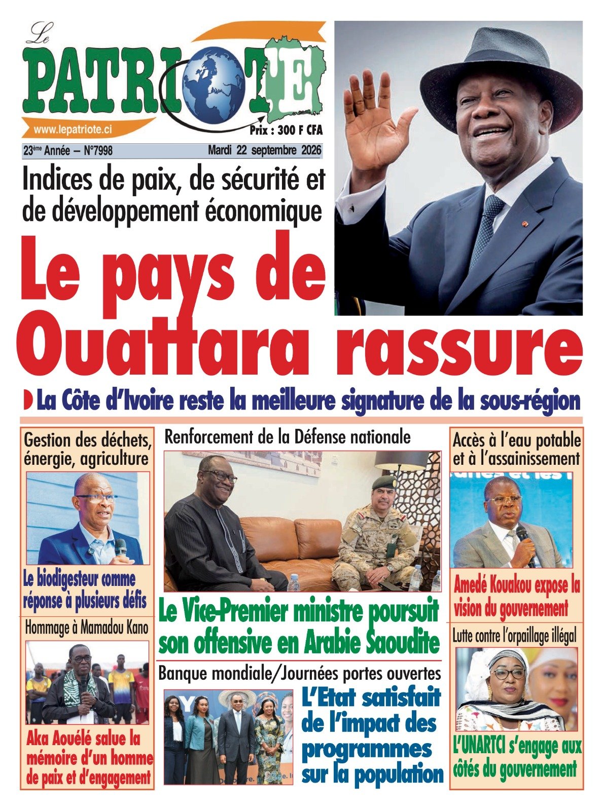 Le Patriote n°7998 du Mardi 22 Septembre 2026 - Indices de paix, de sécurité et de développement économique : Le pays de Ouattara rassure
