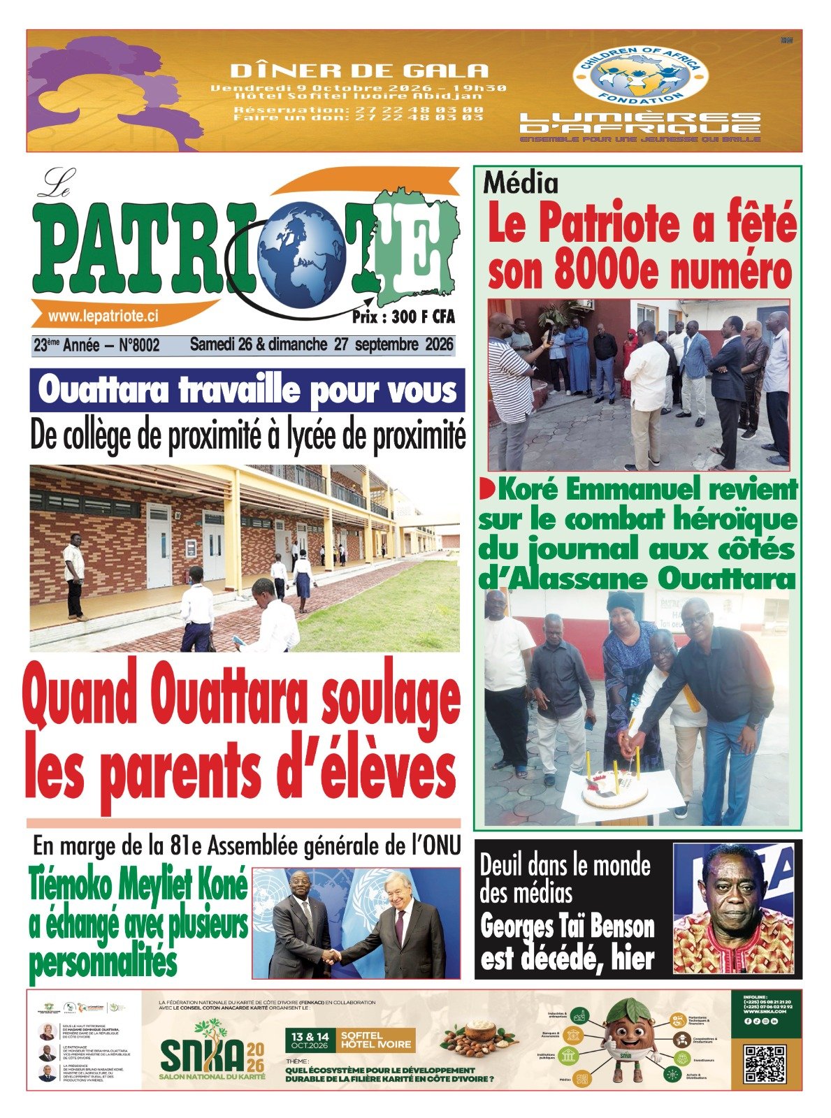 Le Patriote n°8002 du Samedi 26 Septembre 2026 -De collège de proximité à lycée de proximité : Quand Ouattara soulage les parents d'élèves