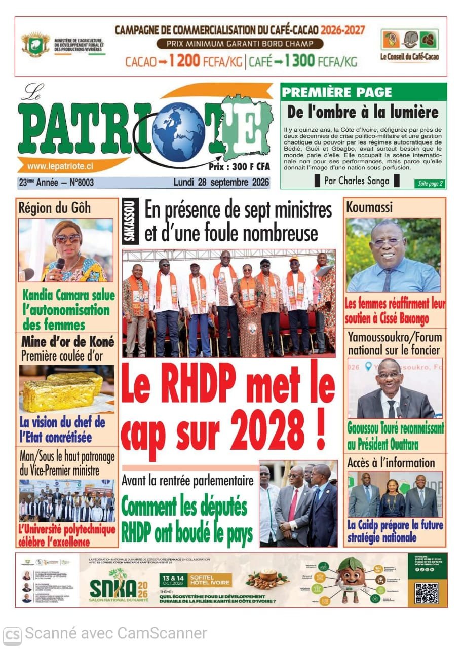 Le Patriote n°8003 du Lundi 28 Septembre 2026 - Sakassou : Le RHDP met le cap sur 2028 en présence de sept ministres et d’une foule nombreuse
