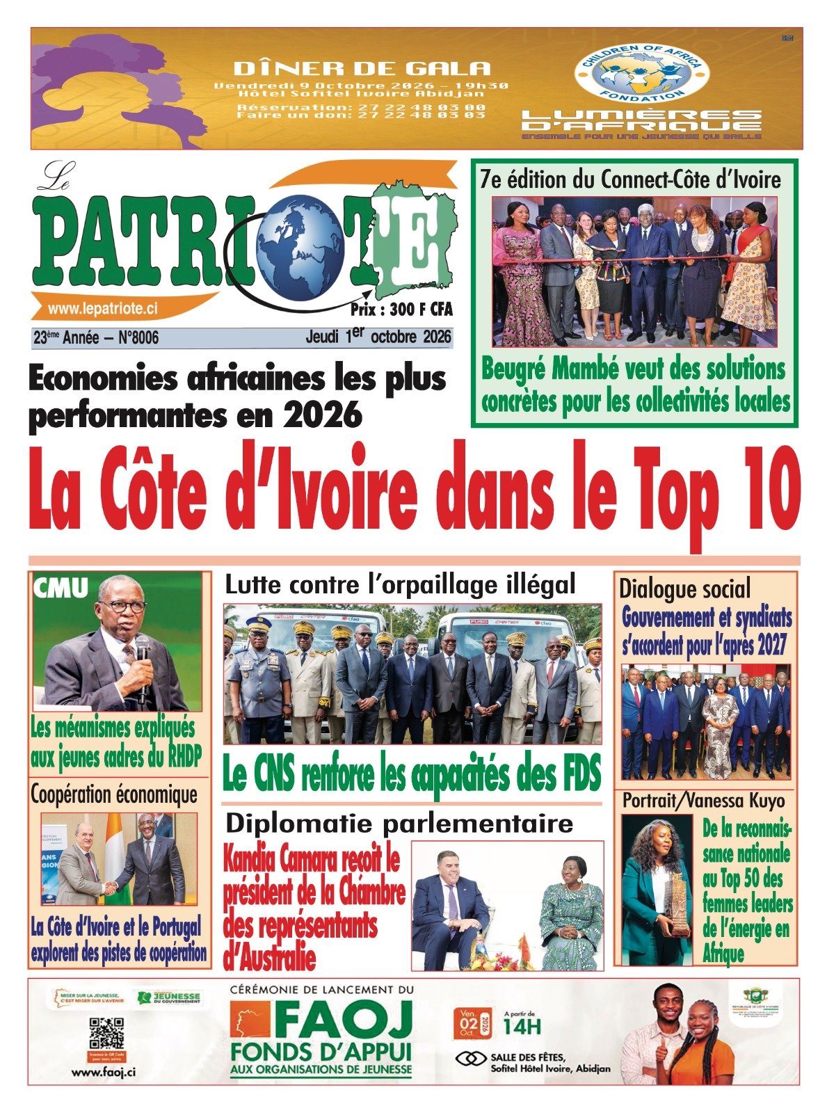 Le Patriote n°8006 du Jeudi 01 Octobre 2026 - Développement : La Côte d’Ivoire dans le Top 10 des économies africaines les plus performantes en 2026
