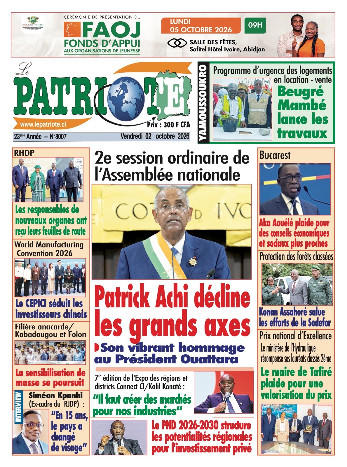 Le Patriote n°8007 du Vendredi 02 Octobre 2026 - 2e session ordinaire de l’Assemblée nationale : Patrick Achi décline les grands axes