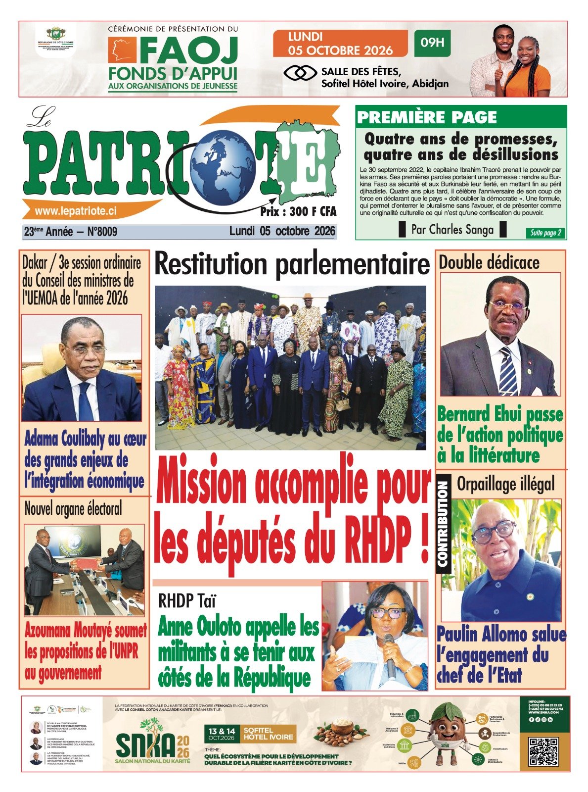 Le Patriote n°8009 du Lundi 05 Octobre 2026 - Restitution parlementaire  : Mission accomplie pour les députés du RHDP !