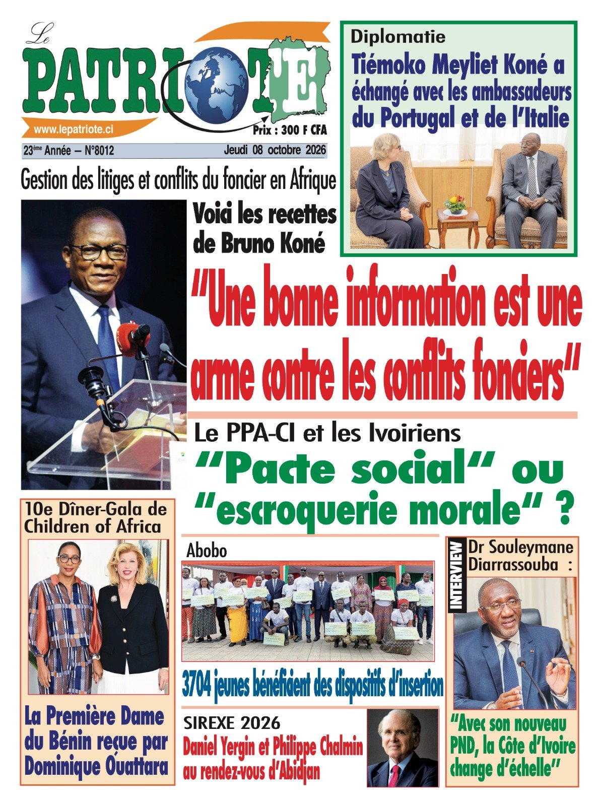 Le Patriote n°8012  du Jeudi 08 Octobre 2026 - Gestion des litiges et conflits du foncier en Afrique : Voici les recettes de Bruno Koné