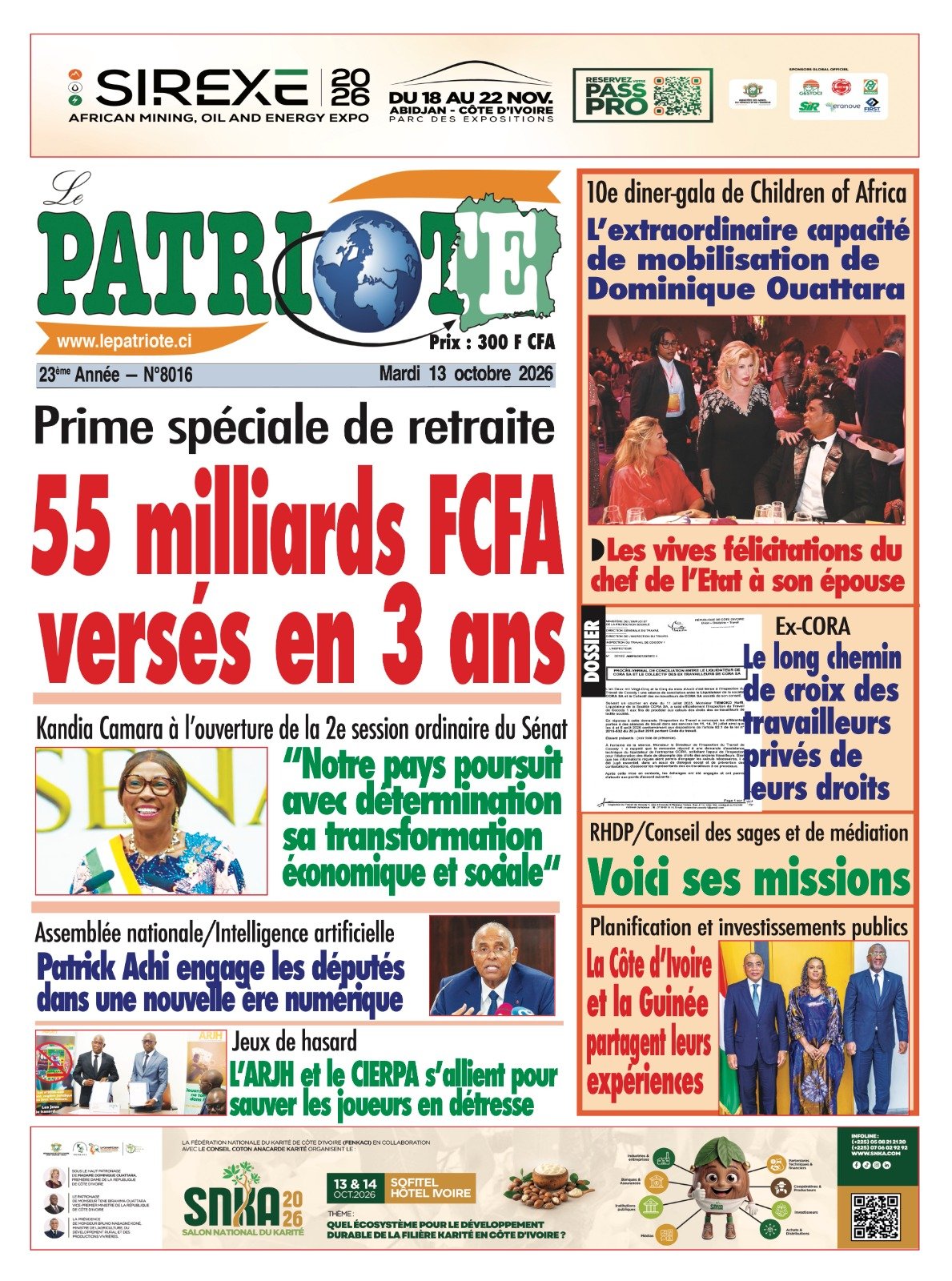 Le Patriote n°8016 du Mardi 13 Octobre 2026 - Prime spéciale de retraite : 55 milliards FCFA versés en 3 ans