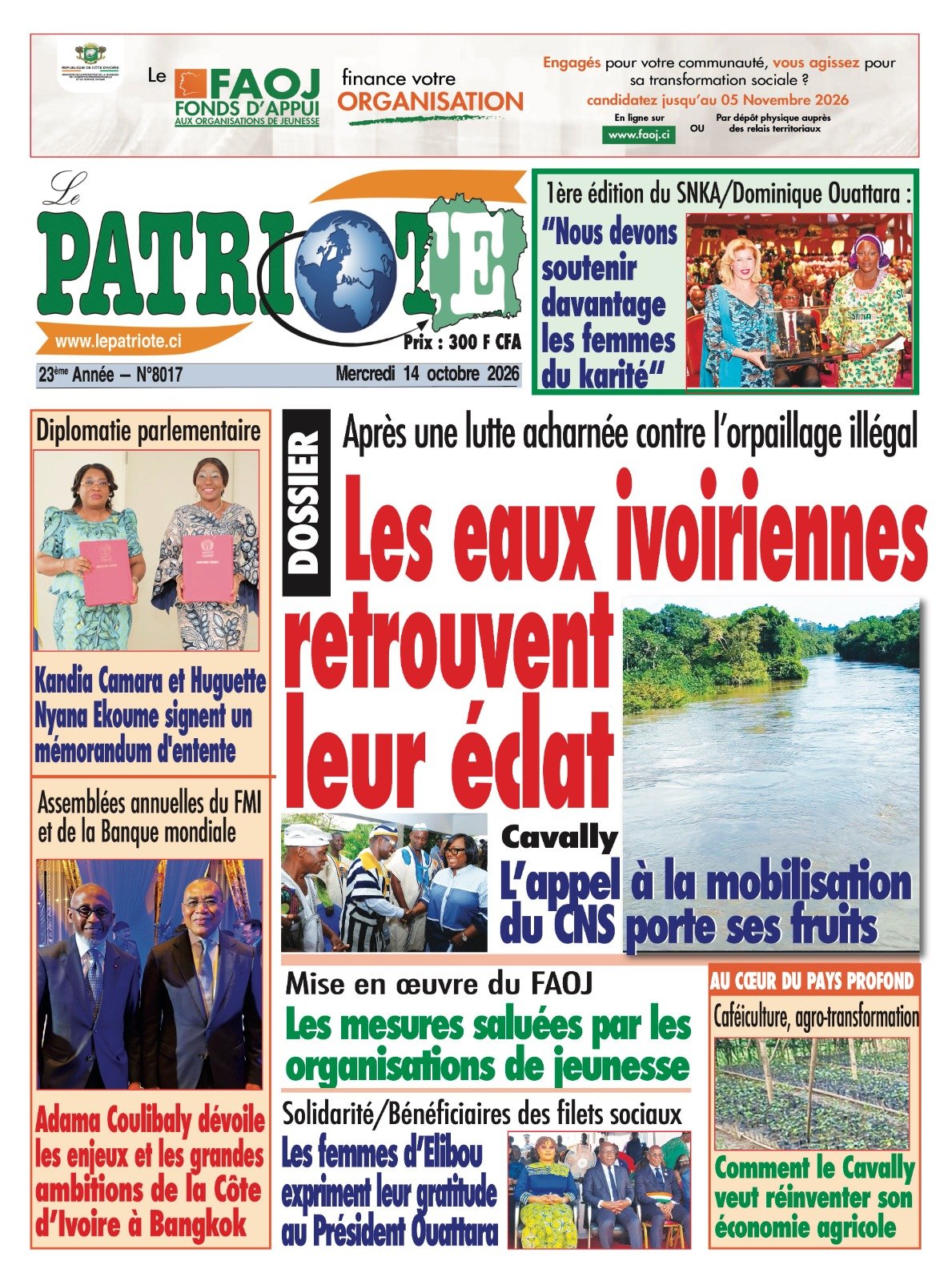 Le Patriote n°8017 du Mercredi 14 Octobre 2026 - Dossier - Après une lutte acharnée contre l’orpaillage illégal : Les eaux ivoiriennes retrouvent leur éclat !
