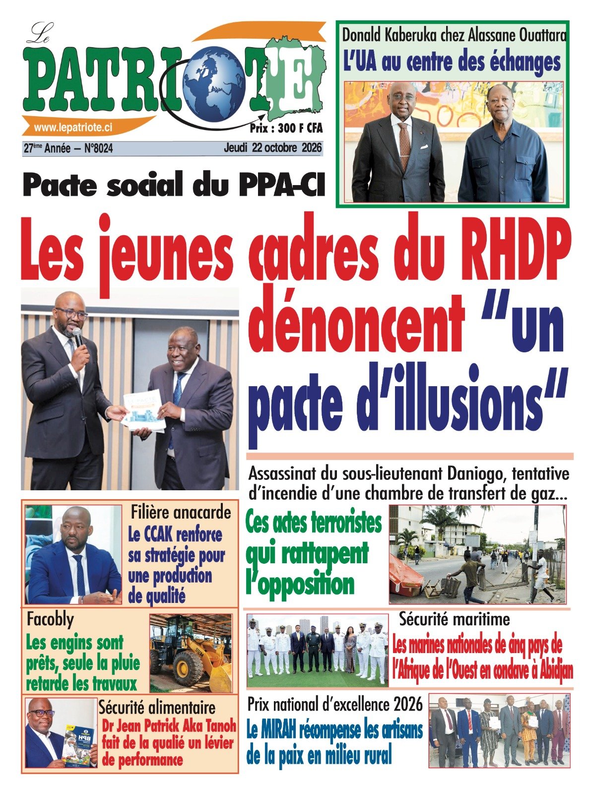Le Patriote n°8024 du Jeudi 22 Octobre 2026 - Pacte social du PPA-CI