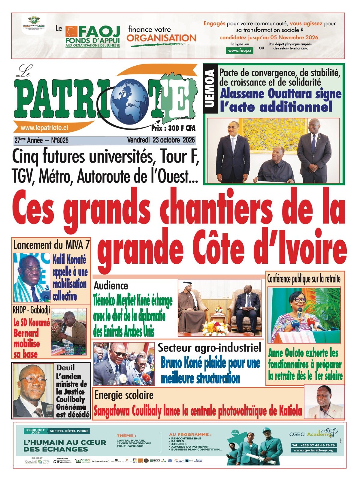Le Patriote n°8025 du Vendredi 23 Octobre 2026 - Cinq futures universités, Tour F, TGV, Métro, Autoroute de l’Ouest... : Ces grands chantiers de la grande Côte d’Ivoire !